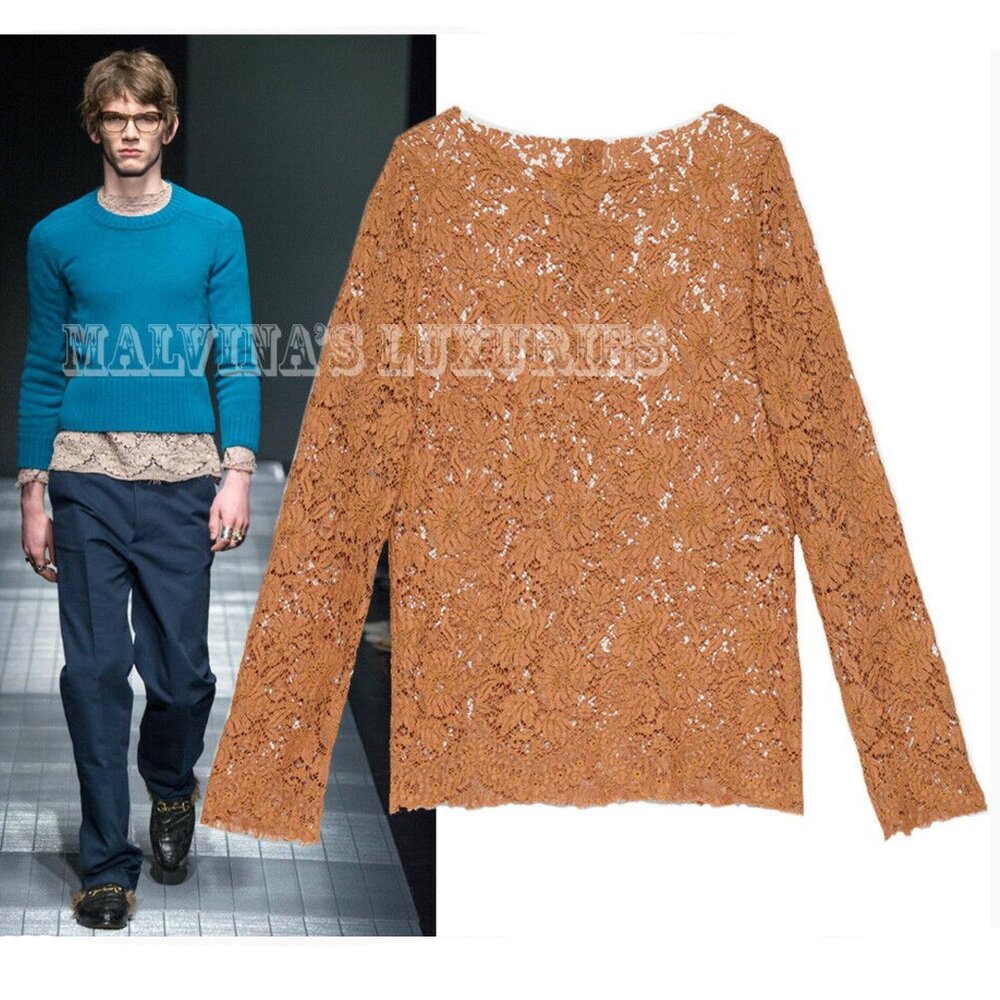 GUCCI MENS TOP BURNT BROWN COTTON LACE SHIRT RUNWAY